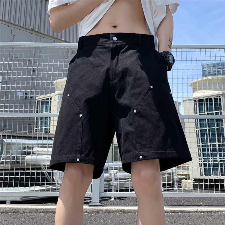 复古金属柳钉工装短裤男夏季小众设计宽松伐木休闲五分裤9602P38,男装牛仔裤,星座410-2