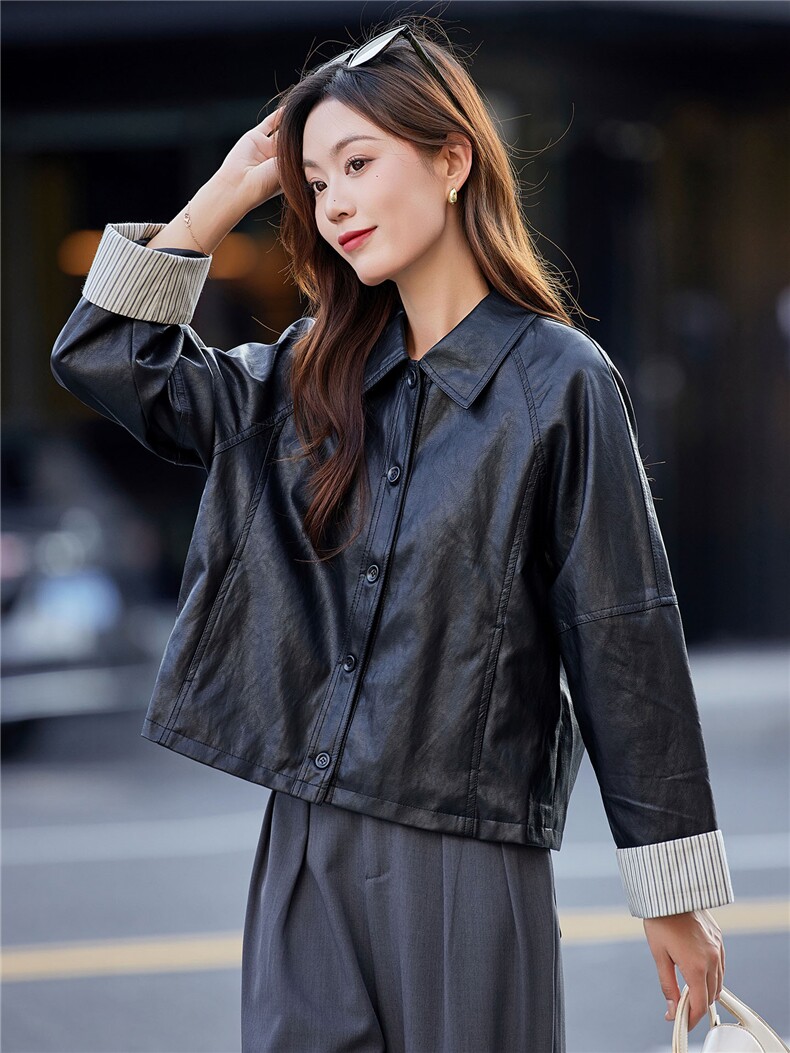 时尚翻领皮衣外套女2025春秋新款条纹拼接PU皮夹克短款高级感上衣,女装短外套,靓衣阁