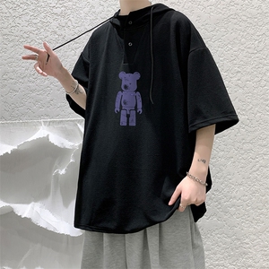 LD54242-P45 连帽短袖t恤男大码胖子带帽五分袖中袖 大皂风图片
