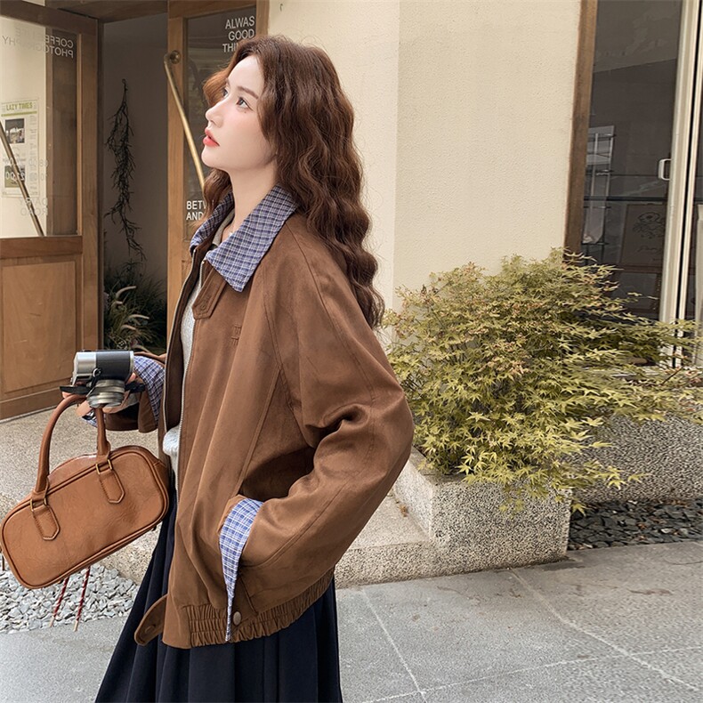 棕色复古格纹拼接麂皮绒短外套女2025秋季设计感时尚休闲翻领夹克图片