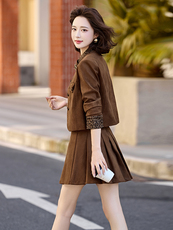 撞色豹纹拼接套装裙女2025秋新款洋气小个子减龄百褶裙两件套，女装套装/套裙，流量+