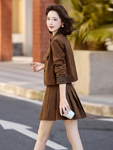 撞色豹纹拼接套装裙女2025秋新款洋气小个子减龄百褶裙两件套图片