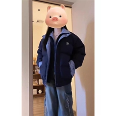 藏青色假两件格子拼接羽绒棉服女冬季2025新款加厚面包服棉衣外套，男装棉衣，星座506A