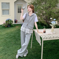 灰色假两件连帽拼接卫衣套装女2025夏季新款韩系休闲阔腿裤两件套，女装套装/套裙，2C133