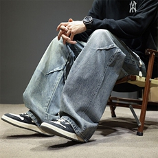 男款牛仔裤春季高街直筒潮牌阔腿松紧腰宽松拖地长裤子Z9845-P50，男装牛仔裤，星座509