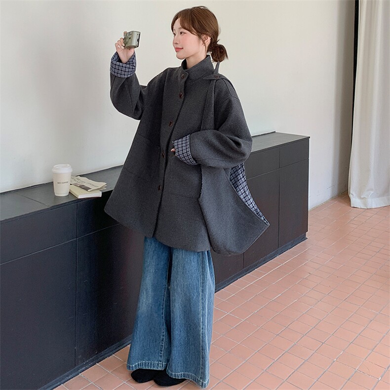 韩系格子拼接毛呢外套女2025冬季宽松显瘦中长款大衣,女装毛呢外套,纯色衣恋