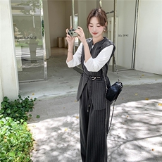 灰色条纹西装马甲套装裤2025新款女秋老钱风好韩系chic别致三件套，女装套装/套裙，2C262