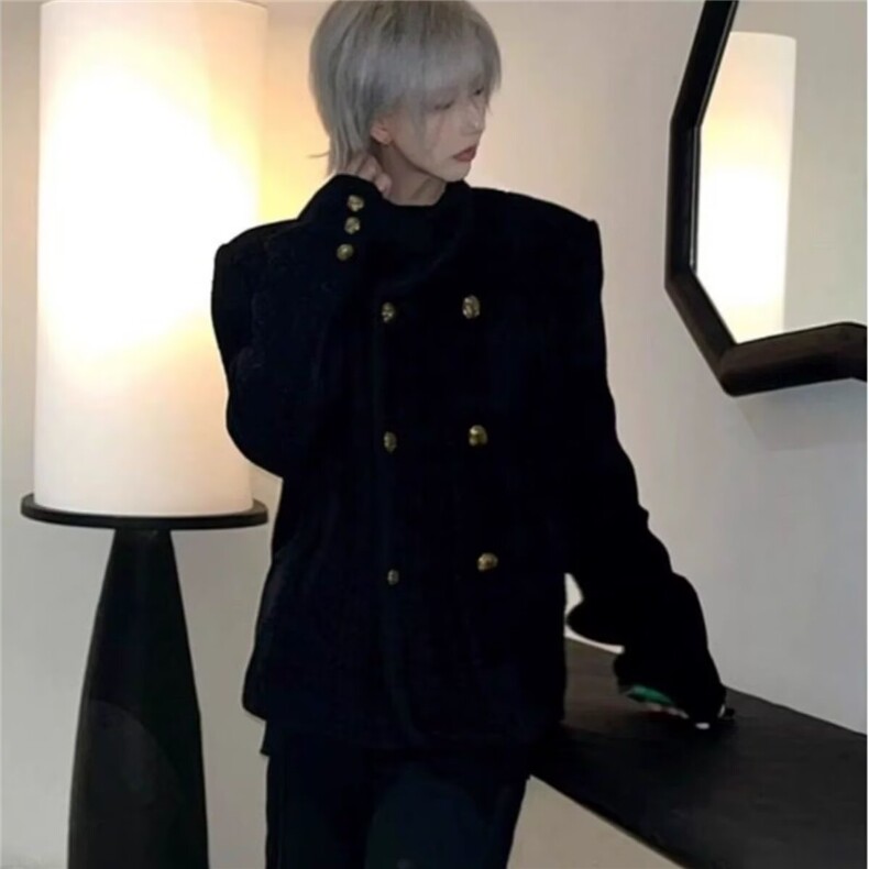 春秋冬季高级感韩版时尚套装短款小香风毛呢西服男士编织法式外套,男装西服,四季星座505