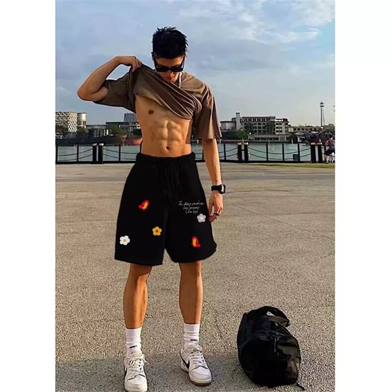 网图有货美式小红花印花抽绳短裤男夏季运动五分休闲裤A592-P20,男装牛仔裤,星座1505