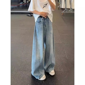 时尚烫钻阔腿牛仔裤女2025新款春夏高级感个性高腰宽松窄版直筒裤图片