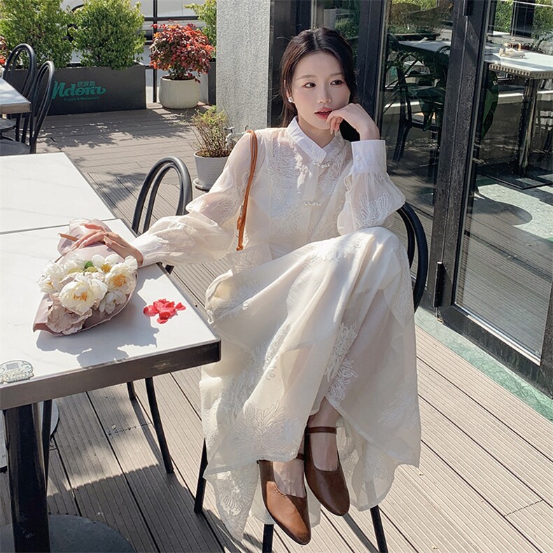 优雅提花盘扣连衣裙两件套气质淑女风长袖蕾丝拼接裙装，女装连衣裙，秀美人生