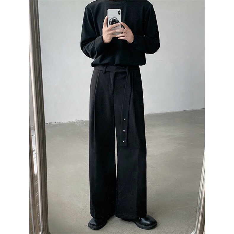 冬季设计感腰带直筒休闲加厚毛呢西裤阔腿长裤XK80P75图片