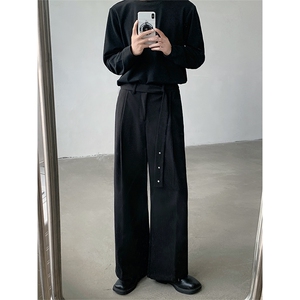冬季设计感腰带直筒休闲加厚毛呢西裤阔腿长裤XK80P75图片