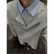 小众设计感条纹翻领拼接假两件POLO衫男宽松型YW33-P42，男装Polo衫，星座208-5