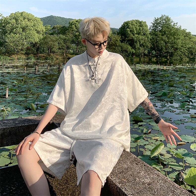量大优供视频新风蝴蝶提花冰丝短袖短裤套装男TZ2405-特P60,男装牛仔裤,电商A028