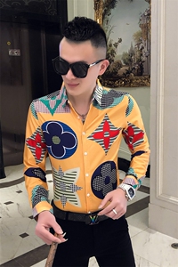 2021春秋衬衫社会男长袖上衣印花男装韩版修身四季潮流衬衣Q850-P55图片