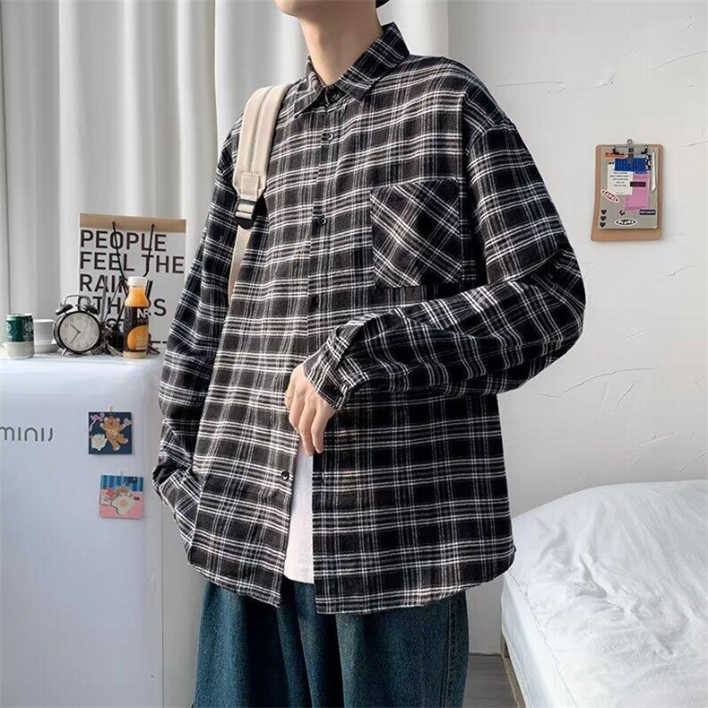 日系港风ins宽松格仔衬衣春夏百搭休闲衬衫外套-CS14,男装衬衫,星座1002-2