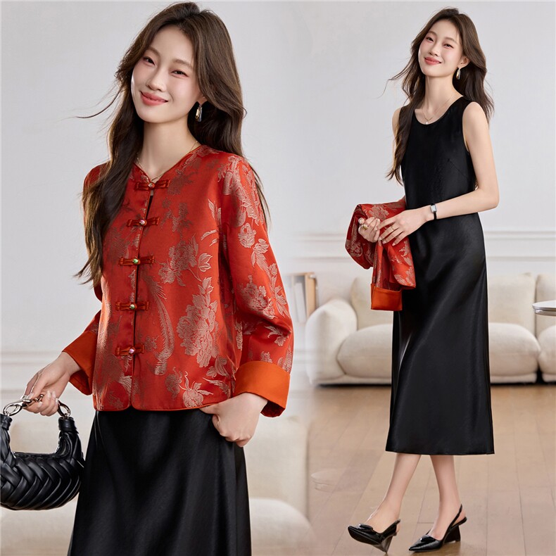 现货人丝醋酸裙子两件套可单件短外套2026年春季女时尚潮流通勤，女装短外套，木橙西子