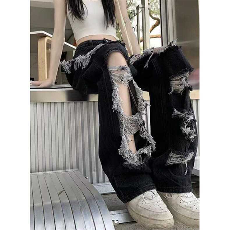 高街破洞牛仔裤女夏季高腰直筒宽松显瘦流苏阔腿拖地裤NK328，男装牛仔裤，星座1116A（原606A-3）