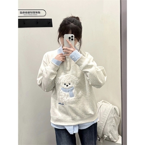 拼接衬衫假两件卫衣女春秋薄款小众设计感宽松学院风上衣polo领潮