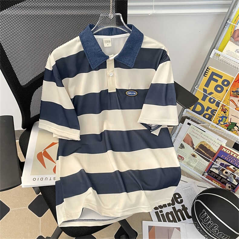 夏男短袖T恤条纹牛仔领POLO衫贴标T恤衫T0013 P33图片