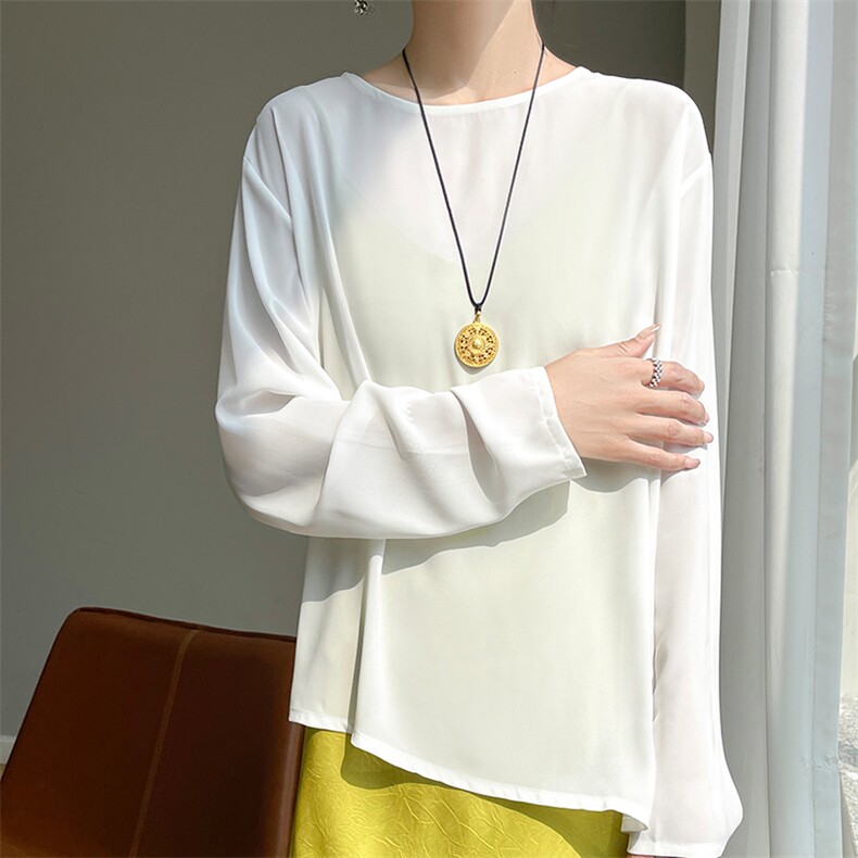 乔其纱高货轻薄微透圆领衬衫女长袖t恤宽松开叉外搭空调防晒罩衫，女装防晒衣，佳绒高端店