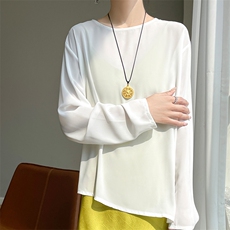 乔其纱高货轻薄微透圆领衬衫女长袖t恤宽松开叉外搭空调防晒罩衫，女装防晒衣，佳绒高端店
