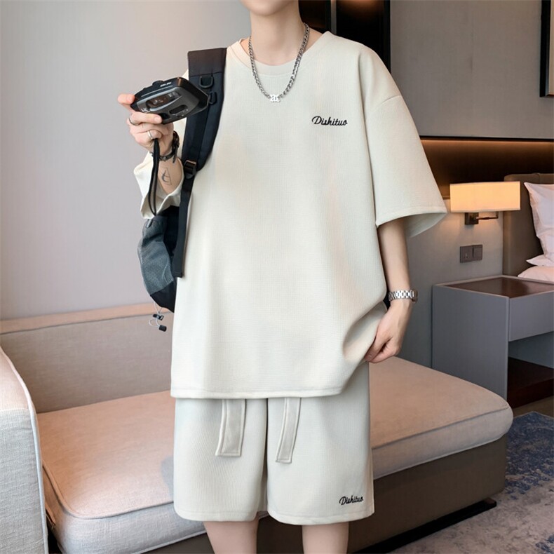 短袖男夏季套装2025新款时尚运动飘带两件套A436-D230-P65,男装休闲套装,电商A436