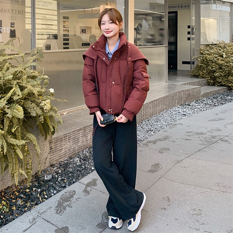 红色高级感气质短款羽绒服女冬季针织披肩设计感白鸭绒保暖外套潮,女装短外套,灵力轩