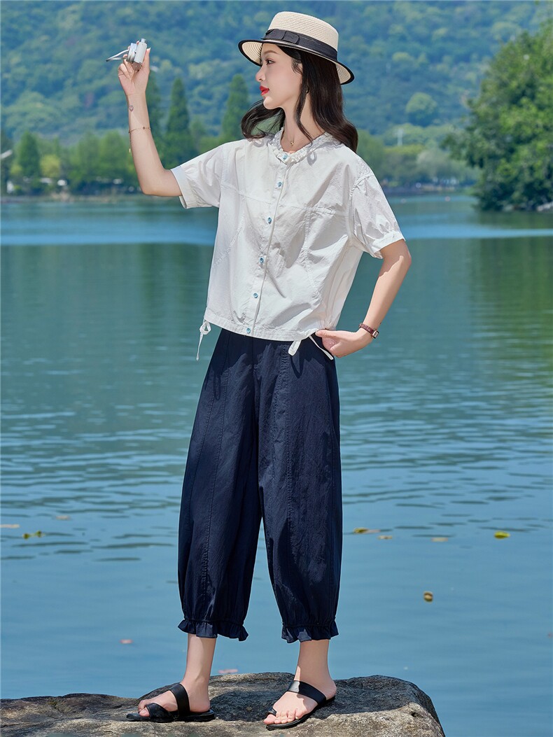 花边领夏季薄款上衣女撞色扣子透气纯棉衬衫宽松休闲松紧下摆,女装衬衫,梦懿尔