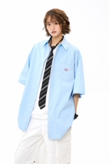 美式笑脸刺绣短袖衬衫男女夏季宽松半袖衬衣防晒休闲外套933P45，女装衬衫，星座710
