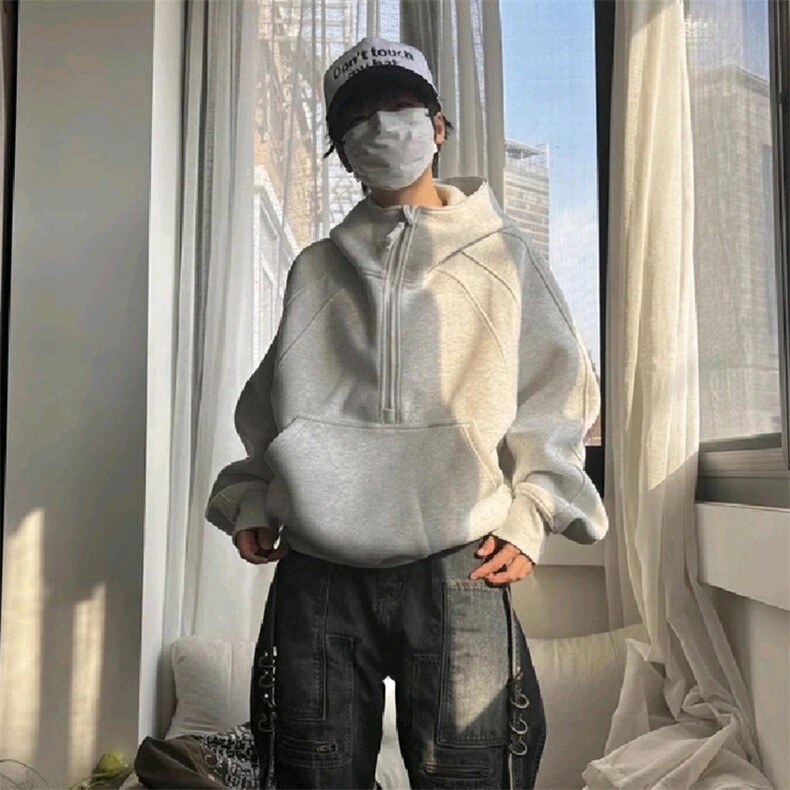 抖音得物二开美式重磅宽松结构拉链设计防风高领连帽卫衣外套W76,男装卫衣,电商A486