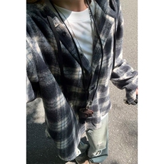 日系复古格纹撞色连帽夹克男春秋拉链工装棉服加厚外套，男装夹克，星座506A