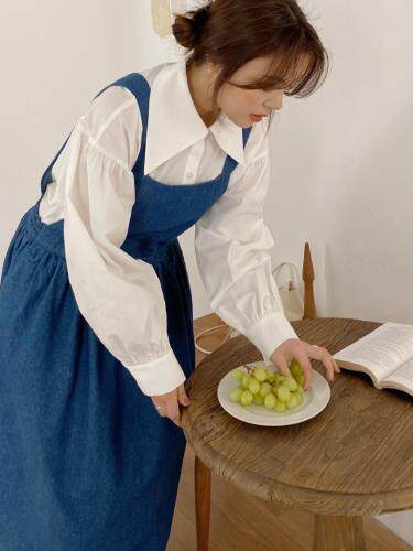 春季新款-日系白衬衫+背带牛仔裙，女装衬衫，LUCY