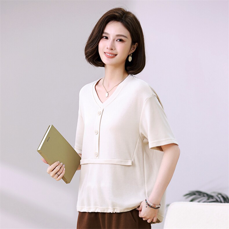 时尚宽松短袖T恤女夏季新款韩版V领上衣显瘦百搭休闲打底衫,女装衬衫,叶笙衣