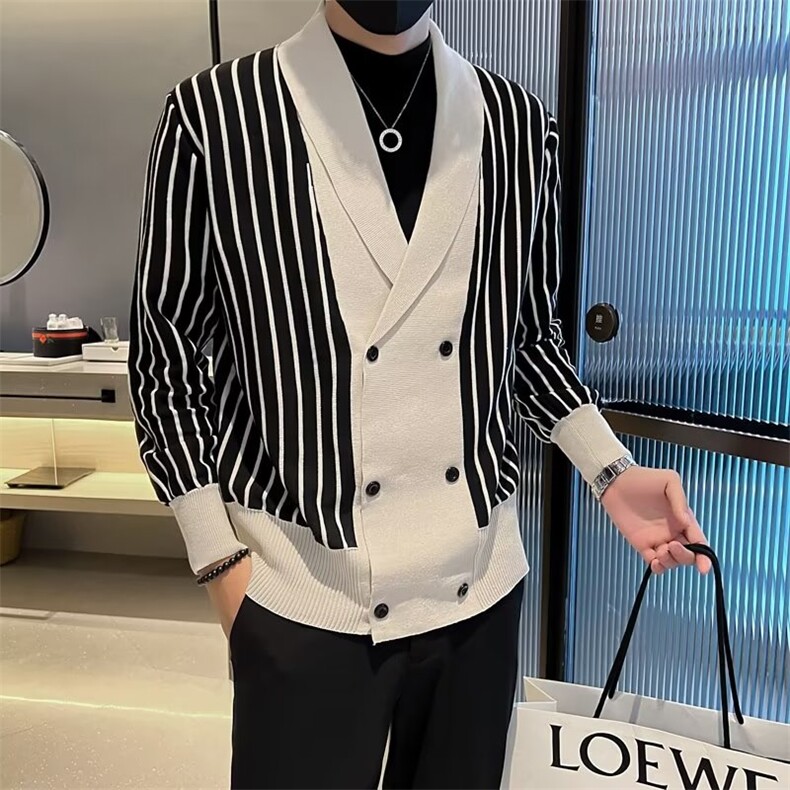 开衫男针织毛衣潮牌设计感V领宽松外套时尚网红潮流条纹线衣Q220,男装针织衫/毛衣,星座1116A-2（原606A-1）