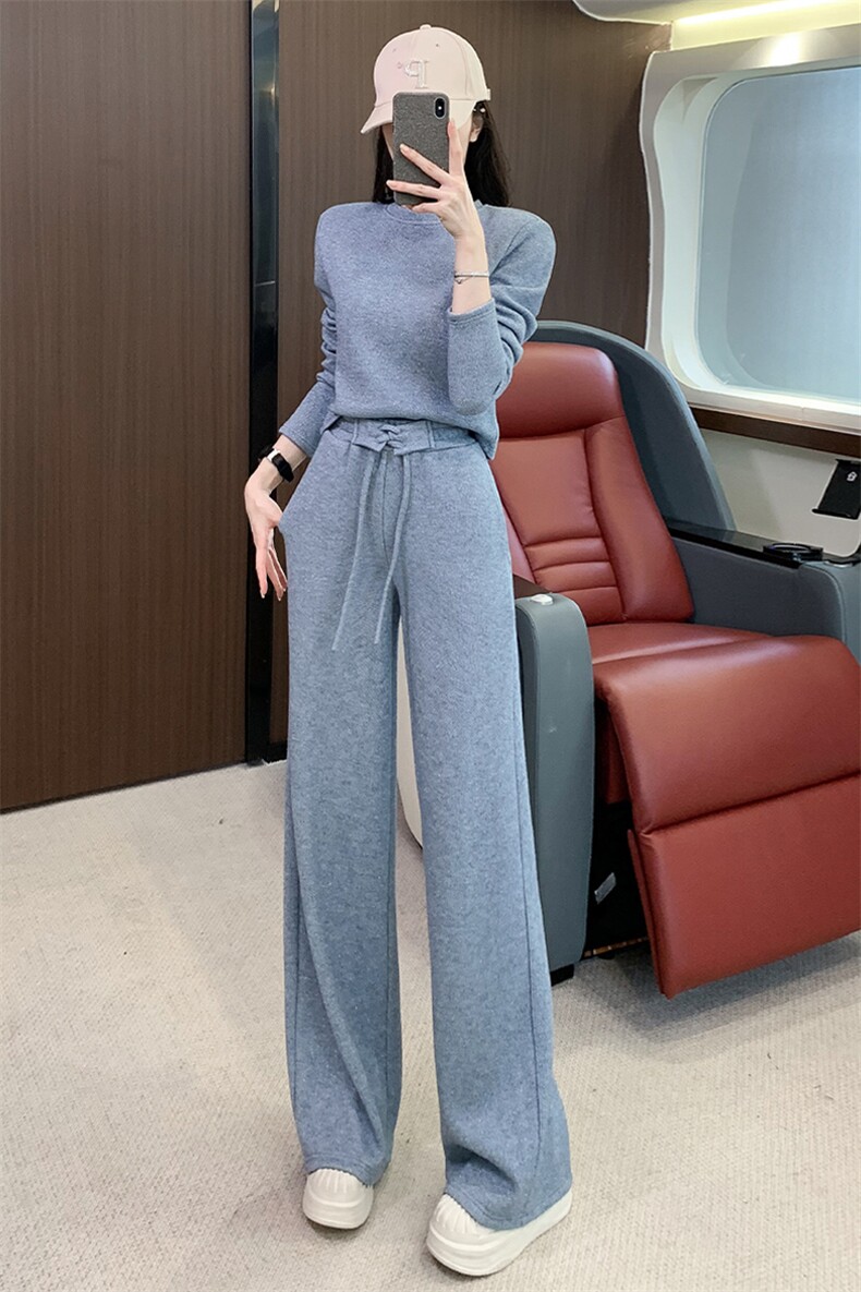 女秋季气质圆领短款长袖上衣阔腿裤两件套,女装套装/套裙,江南