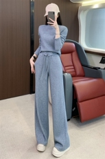 女秋季气质圆领短款长袖上衣阔腿裤两件套，女装套装/套裙，江南