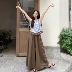 松弛慵懒风木耳边印花上衣两件套2025夏季日系简约复古阔腿裤套装，女装套装/套裙，2C258