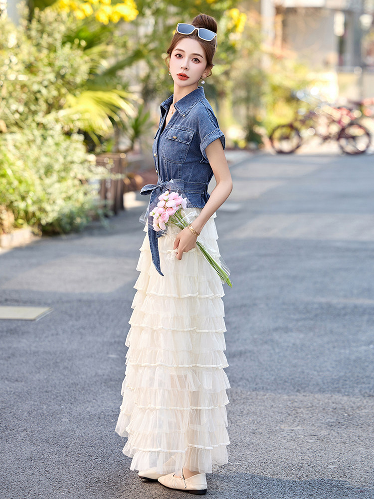 牛仔连衣裙2025年夏季新款气质小香风网纱蛋糕半身裙女,女装连衣裙,依多米