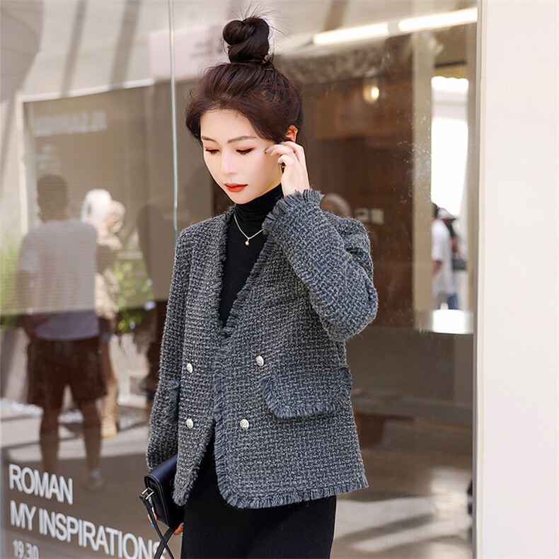 外套女2023秋冬新款小香风高级感炸街灰色名媛v领小个子短款上衣,女装毛呢外套,秋水欣儿