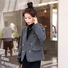 外套女2023秋冬新款小香风高级感炸街灰色名媛v领小个子短款上衣，女装毛呢外套，秋水欣儿