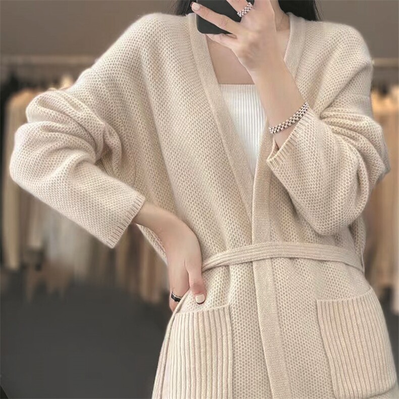 春秋新款100%毛开衫女v领中长款外搭宽松腰带毛衣羊绒针织外套图片