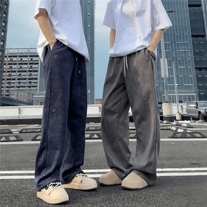 早秋新款美式破坏撞色休闲裤宽松阔腿直筒男女同款重磅卫裤弯刀裤图片