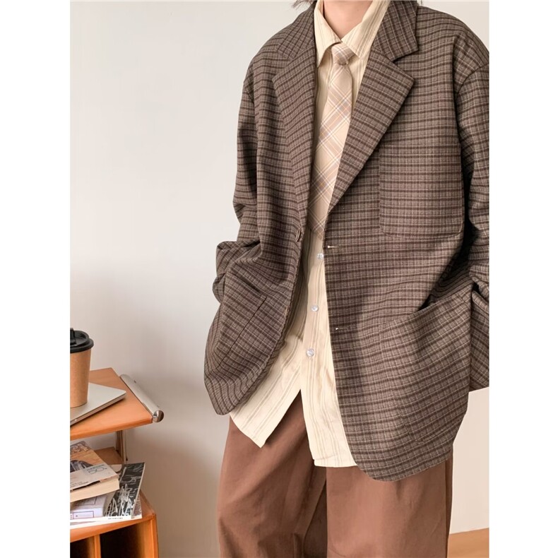 复古细格纹西服男女生港风宽松休闲小西装夹克外套1844 P56图片