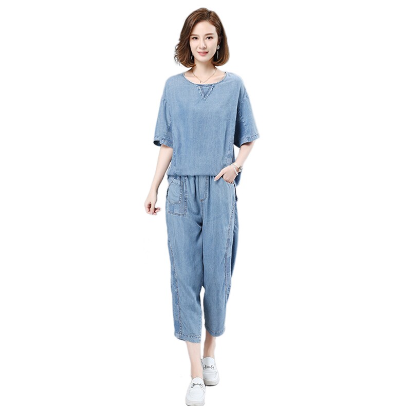 2021夏季新款简约时尚个性气质圆领拼接水洗牛仔套装,女装套装/套裙,叶笙衣