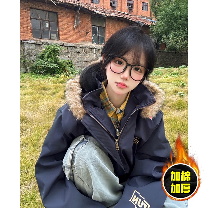 现货高品质美式高街重磅刺绣座山雕大毛毛领棉衣男女加厚棉服外套图片
