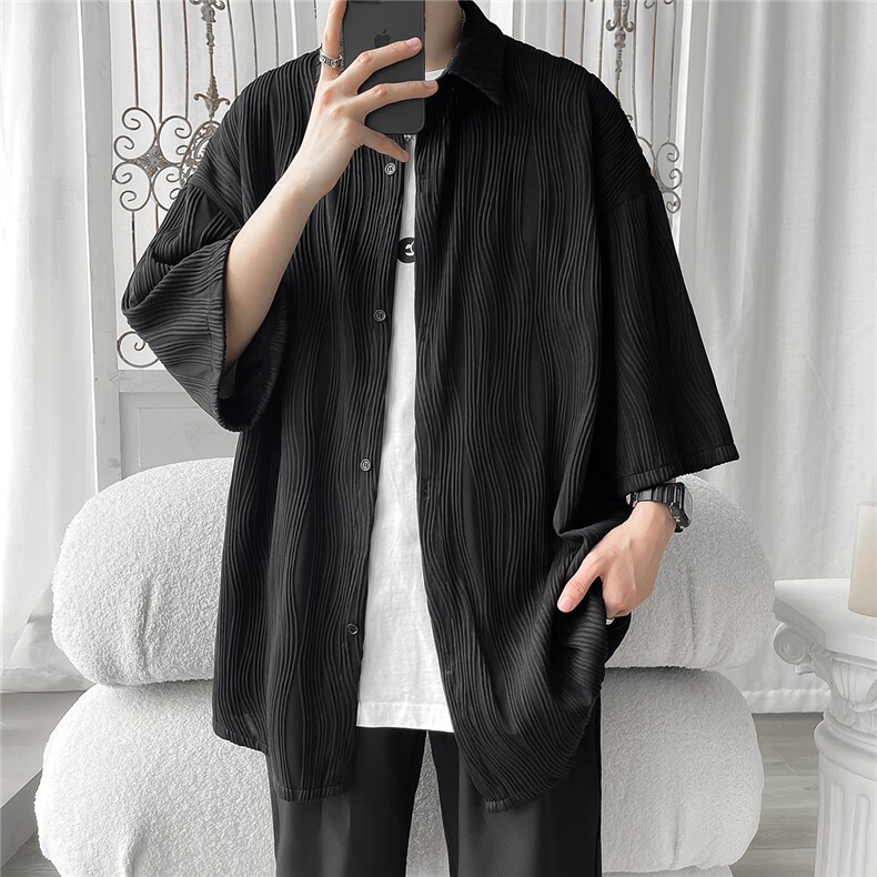 2025春季男装宽松休闲短袖纯色衬衫上衣港风D321-1-DM191-P40,男装T恤,电商D321-1