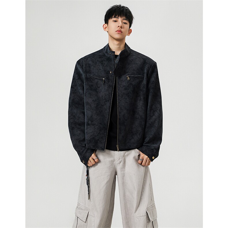 JK9922-P75控128秋季老钱风短款宽松夹克外套男潮牌扎染垫肩皮衣,男装夹克,电商A058-1（原电商C417）