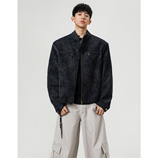 JK9922-P75控128秋季老钱风短款宽松夹克外套男潮牌扎染垫肩皮衣，男装夹克，电商A058-1（原电商C417）